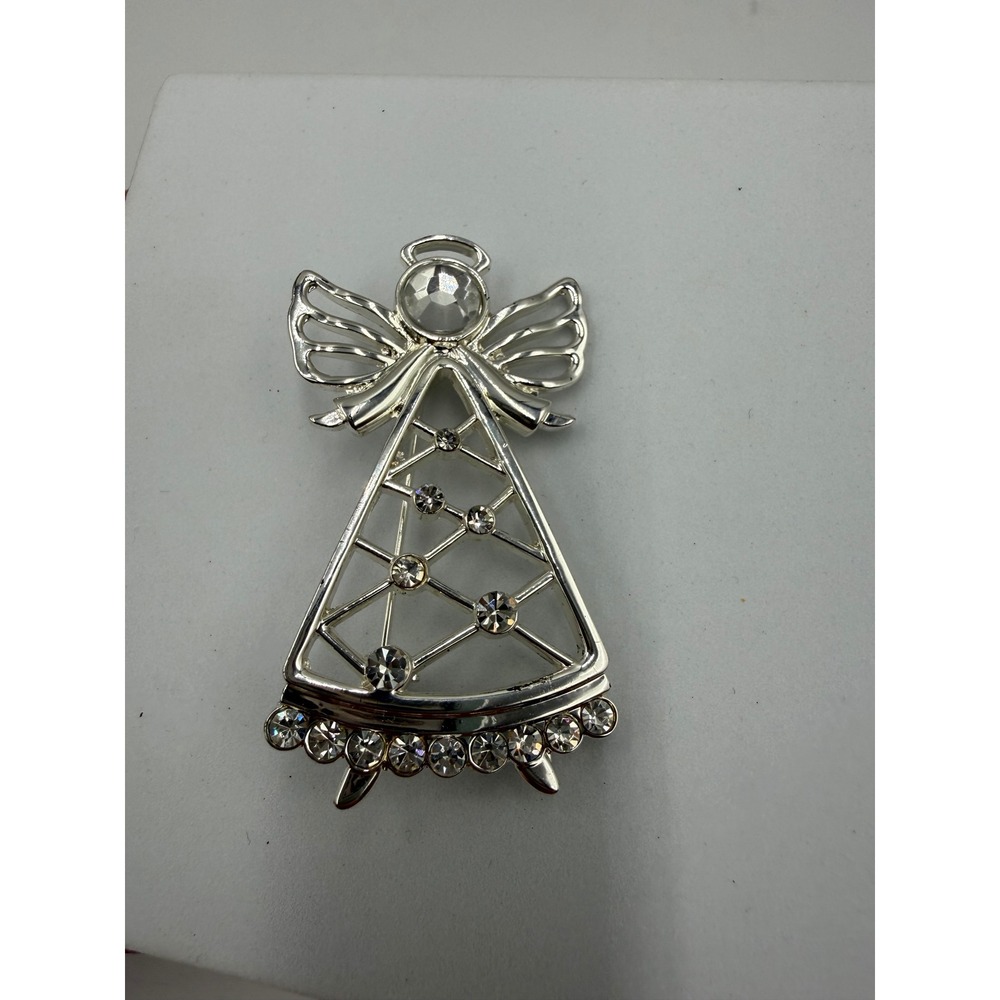Silver Tone Angel Brooch Clear Rhinestone Lattice Wings Christmas Pin Jewelry